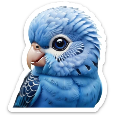Cinematic Cute Blue Budgie Portrait Emoji, Head tilted playfully and inquisitively, featuring a brilliant blue feathered fur with a natural sheen, round, sparkling dark eyes filled with curiosity, Simplified yet irresistibly adorable features, highly detailed, glowing with a warm, friendly glow, high shine, affectionate and lively, stylized with a touch of whimsy, bright and endearing, soft glowing outline, capturing the essence of a mischievous yet loving budgie, so playful it feels like it could chirp out of the screen and into your arms! sticker