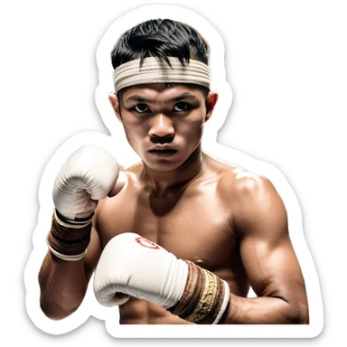 ​Cinematic Realistic Traditional Muay Thai Fighter such as Buakaw Banchamek, depicted in authentic attire featuring white bandaged gloves wrapped around his fists, a traditional headband tied neatly, and classic Muay Thai shorts, captured in a dynamic fighting stance under dramatic, high-energy lighting that highlights the raw power and elegance of the art, sticker