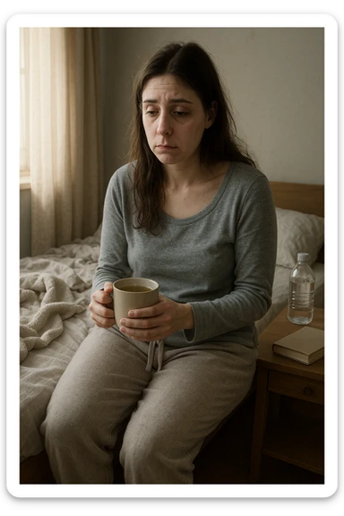 A realistic, cinematic illustration of a woman in her early 30s with a tired, pale appearance, sitting on the edge of her bed in a softly lit bedroom during the morning, looking exhausted and drained. Her posture is slightly slouched, and dark circles are visible under her eyes. She wears comfortable loungewear, holding a warm cup of herbal tea in her hands, seeking comfort. The scene includes a cozy yet slightly messy room with a blanket, a water bottle, and a book on the nightstand, emphasizing chronic fatigue. Soft natural light comes through the window, highlighting her expression of persistent tiredness despite rest, capturing the invisible struggle of chronic fatigue syndrome while maintaining dignity and a gentle aesthetic. sticker