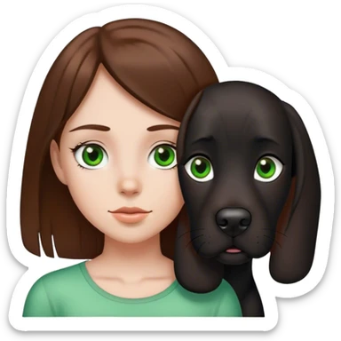 a girl with brown hair, green eyes and a big black dog with a white spot on her chest with brown eyes sticker