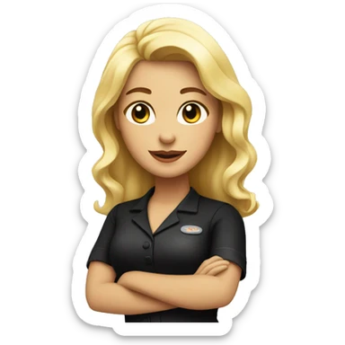Waitress with blonde hair and a black shirt sticker
