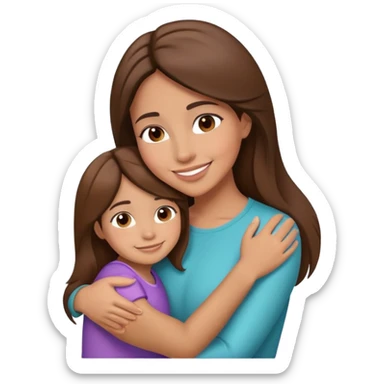 Hispanic mother hugging daughter with straight brown hair hugging sticker