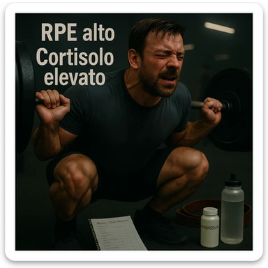 Replace the floating icons above the head with clear and readable Italian text: 'RPE alto' and 'Cortisolo elevato', maintaining the cinematic style and original color palette of the image. sticker