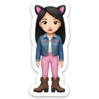 Gordita, ojos pequeños de color cafe oscuro, labios pequeños y rosados, piel trigueña, orejas pequeñas, cabello largo lazio y negro, pequeña. cuerpo completo. vestida con saco jean y botas sticker