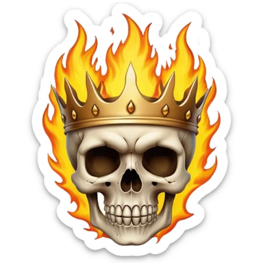 A detailed skull crowned by realistic flames, gothic metal aesthetic, high contrast, soft neutral background, subtle shadow, emoji-style icon, clean edges, digital illustration. sticker