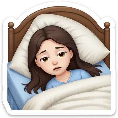 girl with long dark brown hair brown eyes and pale skin crying in bed tired sick sticker