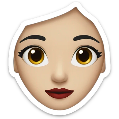 long straight black hair, red lipstick, black eyes, white skin and a small nose sticker