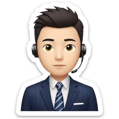 gay young Asian man with light skin, short dark hair styled upward with a sharp spiked swoop in front, slightly narrowed almond-shaped eyes with a confident, knowing squint, a clean-shaven face, and a sleek single-ear headset, wearing a dark pinstripe suit with a patterned shirt tie sticker