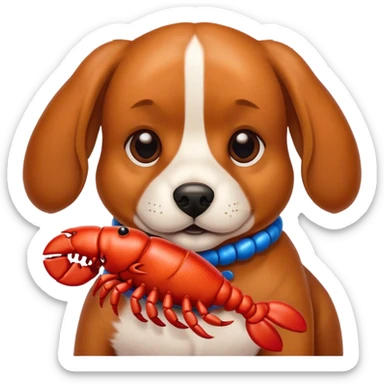 A dog with a lobster toy sticker