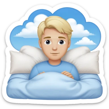 Sweet dreams a blonde man in a very comfy bed with blue and Pastel clouds elegant  sticker