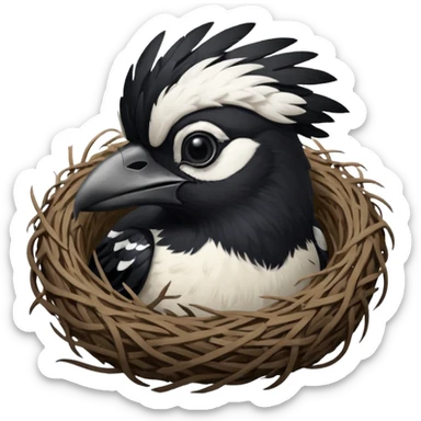 A man who has hair on the top of his head, that is actually an Australian Magpie, birds nest. sticker