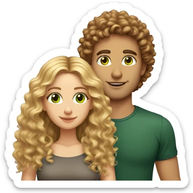 Couple. beautiful girl with auburn long curly hair and brown eyes. Handsome man with blonde curly hair and green eyes sticker