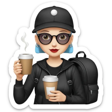 ["A happy woman with light skin, bald, wearing a baseball cap and sunglasses, dressed in goth fashion, is drinking coffee while holding a backpack."] sticker