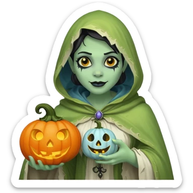 female orc ghost emoji, green skin, tusks, gentle smile, wearing flowing white ghost cloak with black eye holes, holding pumpkin lantern, faint glowing blue mist, Halloween fantasy, smooth Apple emoji style, white background, square sticker