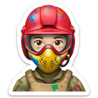 paintball player face shot with lots of colors messy red helmet sticker