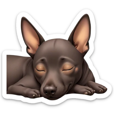 Meme-Worthy Cute Sleeping Xoloitzcuintle dog Portrait Emoji, Head resting peacefully with a contented smile, showcasing a sleek, muscular build with smooth, hairless ebony skin and gently relaxed wrinkles, eyes shut in a serene nap, Simplified yet hilariously adorable features, highly detailed, glowing with a soft, drowsy light, high shine, relaxed and utterly lovable, stylized with an air of playful laziness, bright and heartwarming, soft glowing outline, capturing the essence of a comically sleepy guardian, so meme-worthy it feels like it could instantly become the next viral sensation of adorable slumber! sticker