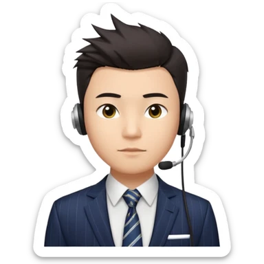 gay young Asian man with light skin, short dark hair styled upward with a sharp spiked swoop in front, slightly narrowed almond-shaped eyes with a confident, knowing squint, a clean-shaven face, and a sleek single-ear headset, wearing a dark pinstripe suit with a patterned shirt tie sticker
