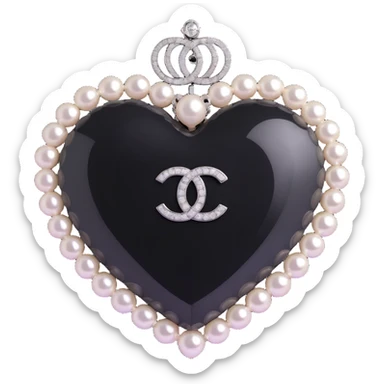 Add a diamond accent to the glossy black heart with pearls and silver Chanel logo, keep the background transparent, elegant, black and white color scheme, 3D emoji style. sticker