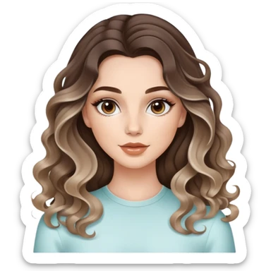 beautiful brunette with a light balayage white girl with nice curls/defined waves, very long hair, clean girl makeup APPLYING A SKINCARE MASK sticker