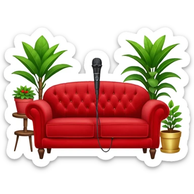front view of a red velvet couch with a mic in front and small houseplants in the background sticker