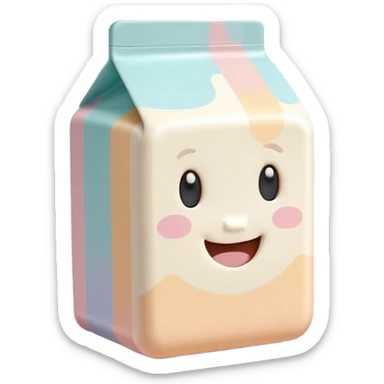 Cinematic adorable milk carton, soft pastel colors, tiny rounded edges, chubby smiling face, warm glowing highlights, gently tilting in a playful pose. sticker