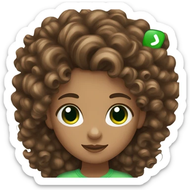 girl with green eyes and curly brown hair and long lashes holding her phone sticker