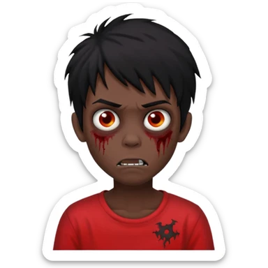Boy, zombie, black hair, medium long, emo, shaggy, dark, spooky, creepy expression, red shirt. sticker
