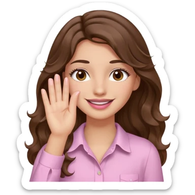 girl with wavy long brown hair, brown eyes, light to medium complexion, long lashes, light pink lipstick, wearing light pink shirt, smiling, hand covering eyes sticker