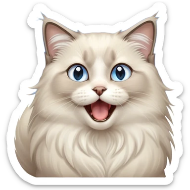 Cinematic Adorable Fluffy Light Grey Mantle Ragdoll Cat Portrait Emoji, Head tilted cutely with big, sparkling blue eyes, soft light grey fur with darker points on the ears, face, and paws, Simplified yet irresistibly adorable features, highly detailed, glowing with a soft, warm glow, high shine, yawning in a peaceful and playful manner, stylized with a touch of whimsy, bright and endearing, soft glowing outline, capturing the essence of a relaxed and loving kitten, so cute it feels like it could leap out of the screen and stretch into a cozy nap! sticker