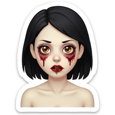 Make an emoji of a zombie woman with black hair, almond-shaped brown eyes and a labret piercing on her left lip. sticker