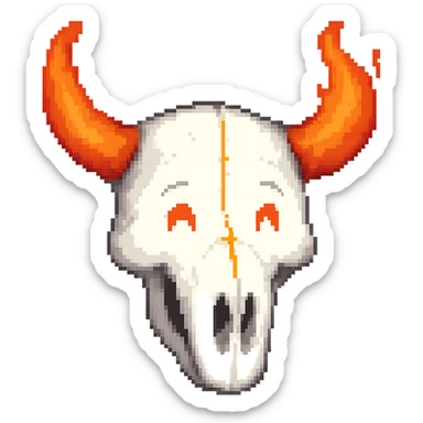 Make the white bull skull with bright red-orange flaming horns look less scary, give it a friendly and approachable expression, keep the style consistent. Remove the background. sticker