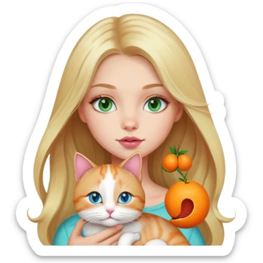 Blonde long hair girl with blue green eyes have big lips pink lipgloss holding her cat her cat is soft orange&brown and white she holding cat  sticker