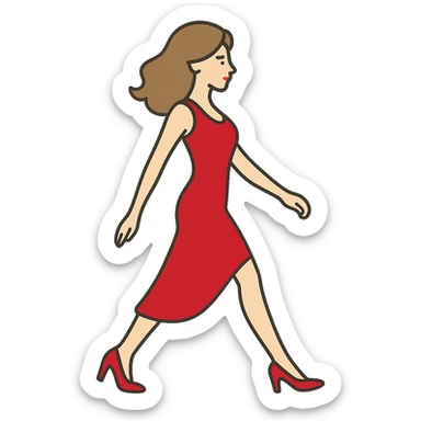 Depict the girl from the first reference image with the same appearance, hairstyle, red dress, and shoes in the pose shown in the second sketch image, including the position of arms and legs. Maintain the same style and color as the original. Transparent background. sticker