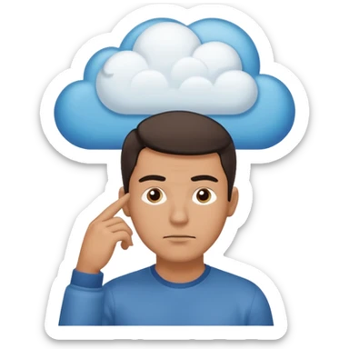 Casually dressed man with one hand on his chin, eyebrows slightly furrowed. A thinking cloud floats above his head containing a critical-thinking symbol (like a question mark, magnifying glass, or logic icon). Realistic emoji aesthetic, clean-shaven, soft neutral background sticker