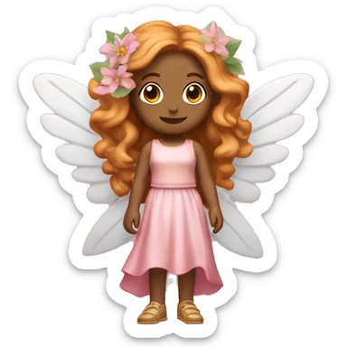 Full body Fairy white woman emoji with long wavy copper hair and blonde highlights, also with curtain bangs, brown/honey eyes, with a pink outfit inspired in flower leaves give her wings  sticker