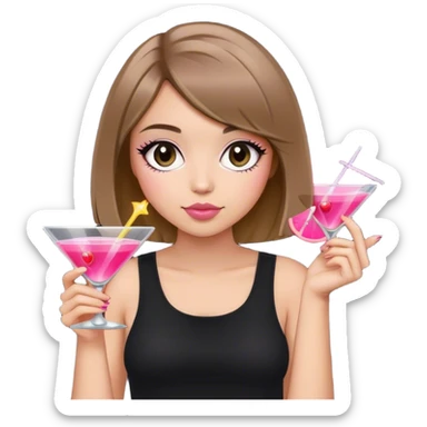 light brunette hair down bob girl black top holding a pink cosmo sticker