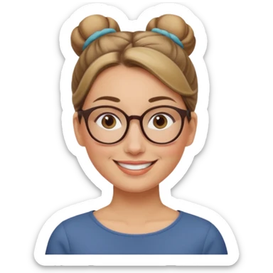 femme de 38 ans avec des cheveux tirés vers l'arrière blond foncé sans mèche devant, un chignon haut, yeux bruns, lunettes rondes, visage ovale sticker