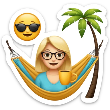 Créer un emoji stylisé et coloré représentant le week-end, joyeux et relaxant. L’emoji doit être rond, lumineux, avec un visage souriant ou des lunettes de soleil teint noir. Ajouter des éléments évoquant le repos ou le plaisir : café, hamac, soleil, musique, détente.  sticker