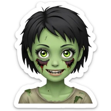 Green zombie girl with messy black short hair with lashes and torn cheek and smiling face sticker
