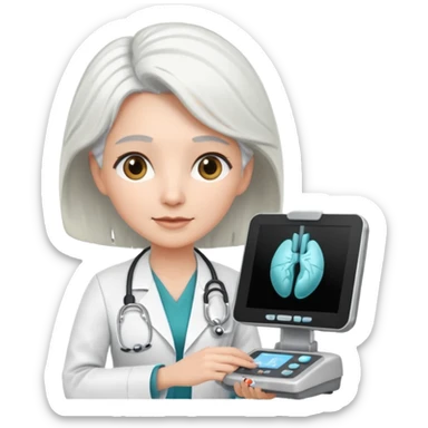 white haired female doctor working an ultrasound machine sticker