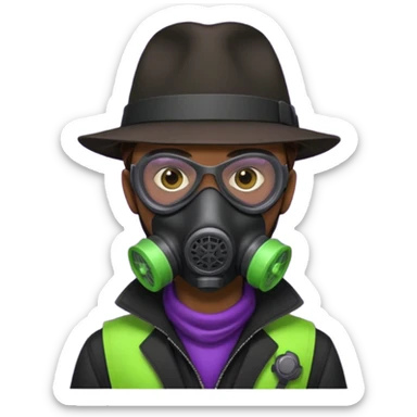 Male Hacker with a fedora with brown hair wearing a gasmask. Color scheme is black, lime-green and purple sticker