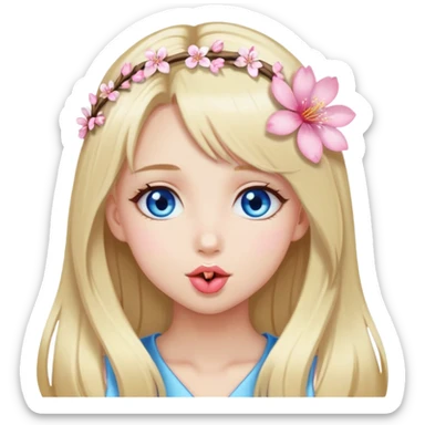 Girl with long blond hair and sakura accessories on her hair have blue eyes beautiful finish and she sending lovely kisses  sticker
