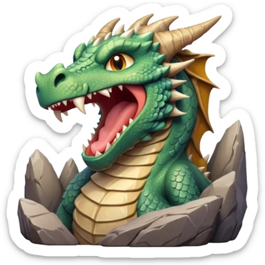 Cinematic Cute Yawning Giant Rock Dragon Portrait Emoji, Head tilted slightly with a dramatic, wide-open yawn, revealing a colossal, rugged body with weathered, rock-like scales and subtly drooping, earthy features rendered in authentic, stony texture; high shine, relaxed yet powerful, styled with a dash of timeless geological charm, soft glowing outline, capturing the essence of a sleepy but stoic rock behemoth ready to settle into an ancient, enduring slumber! sticker