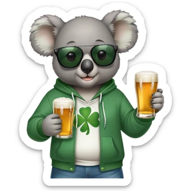 anthropomorphised koala, full body, wearing a hoodie and jeans, dark sunglasses, headphones, dressed for St. Patrick's Day sticker
