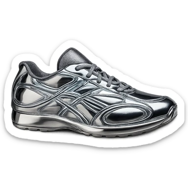 Make the shoe look fully 3D and realistic, with a highly reflective chrome finish and chrome blue accents. Emphasize depth, shadows, and highlights for a true 3D metallic effect, no background. sticker