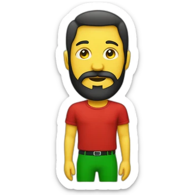 Homme avec barbe coûte et une calvitie  noir très cours avec un t-shirt rouge et un rectangle jaune et vert dessus sticker