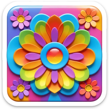 Beveled square shaped psychedelic colored button with rainbow colored hippie style 3D flowers in the center sticker
