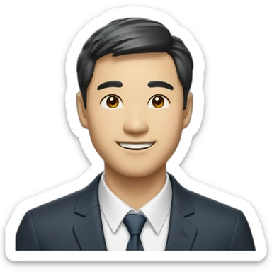 A Korean man with a slightly parted front bangs, bright smile, and semi-formal suit sticker