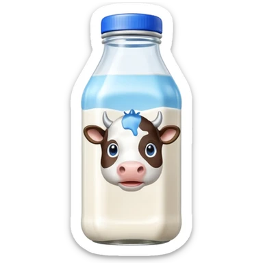 A 3D cartoon glass bottle of cow’s milk — white liquid, blue cap, clear reflections, Memoji-style rendering. sticker