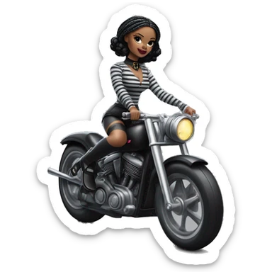 Jeffery New York Lingerie Barbie Wednesday Addams from academy in vertically striped gray and black outfit. riding a wheelie on a hot rod bike sticker